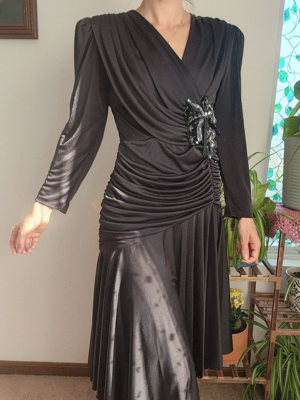 Vintage After Dark Black Draped Cocktail Dress With Applique Size 12